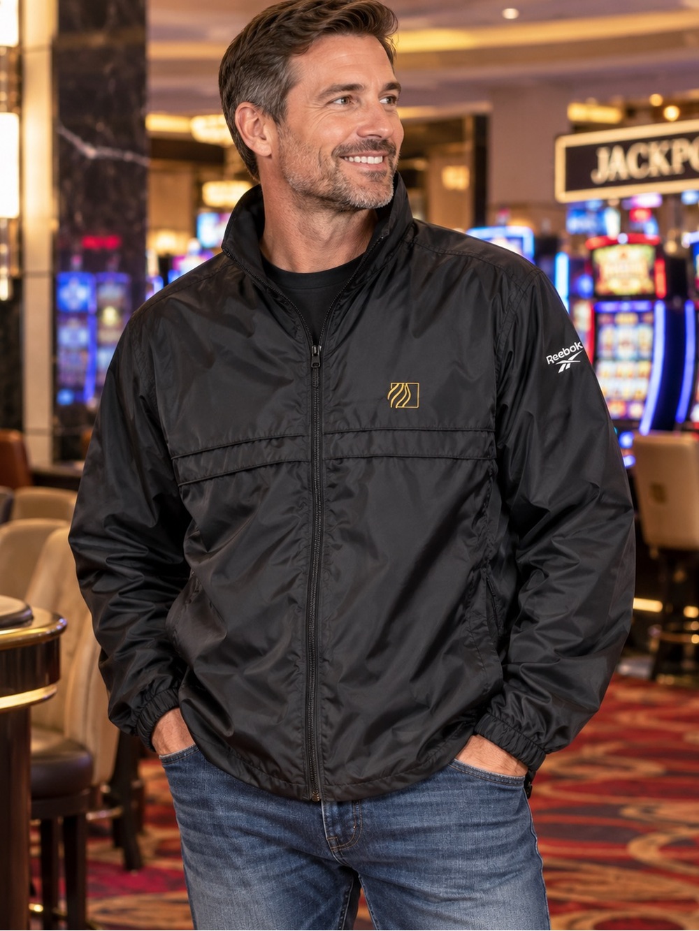 💰 REEBOK Black with Gold MGM Northfield Park Racino Casino Logo Full-Zip Jacket